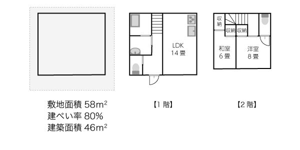 敷地面積58平米、建築面積46.4平米の注文住宅間取りプラン例